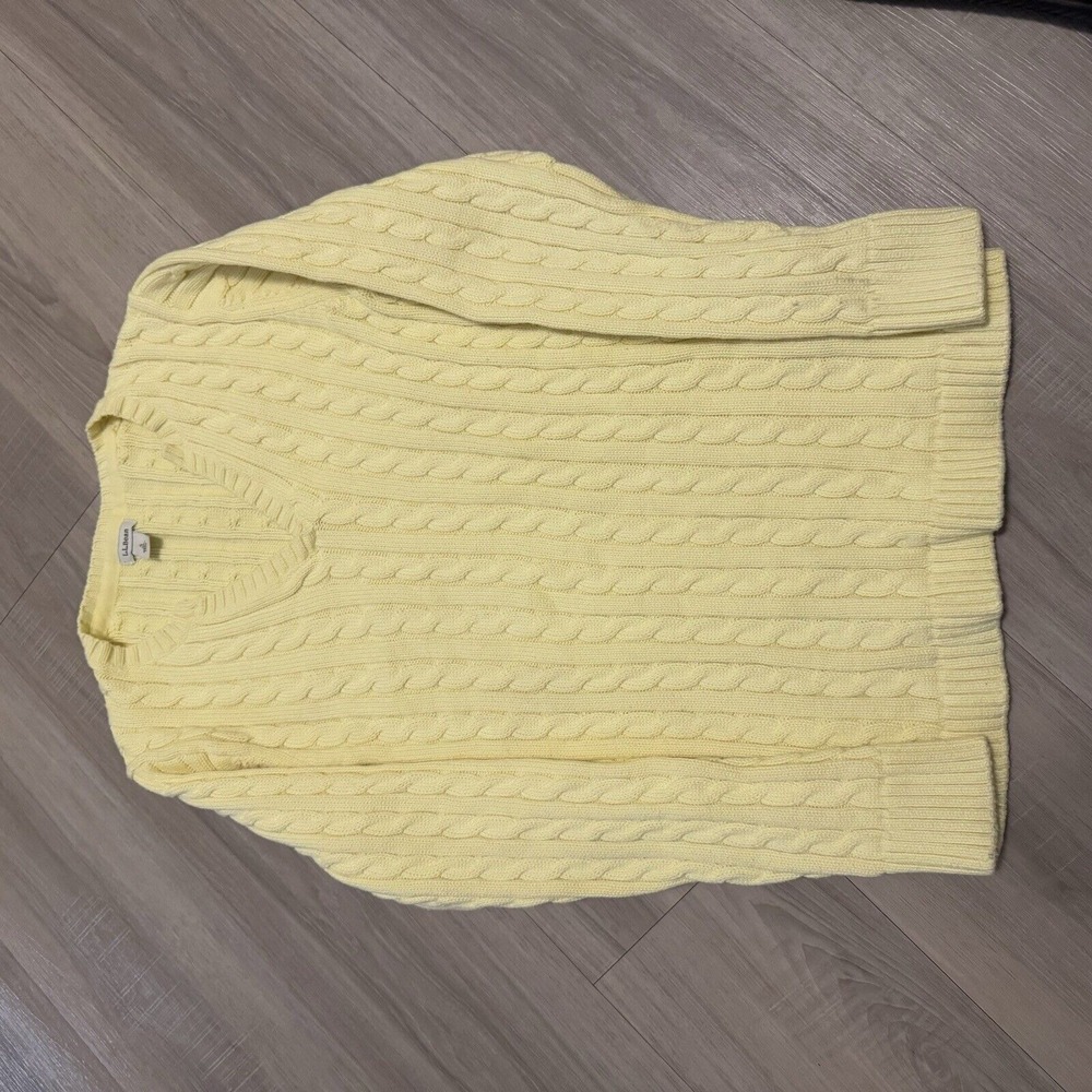 LL Bean Womens Pullover Sweater Cable Knit Crewneck Long Sleeve Cotton Yellow S